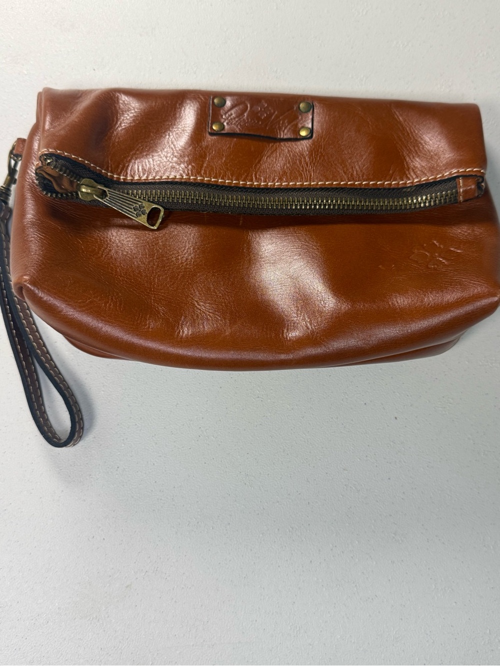 Patricia Nash Valerie Fold Over Cognac Brown Leather Wristlet Pouch Clutch